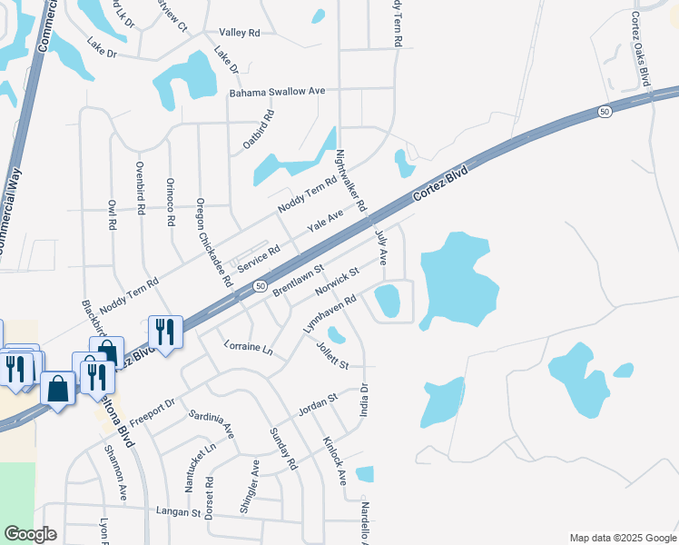 map of restaurants, bars, coffee shops, grocery stores, and more near 10255 Norwick Street in Spring Hill