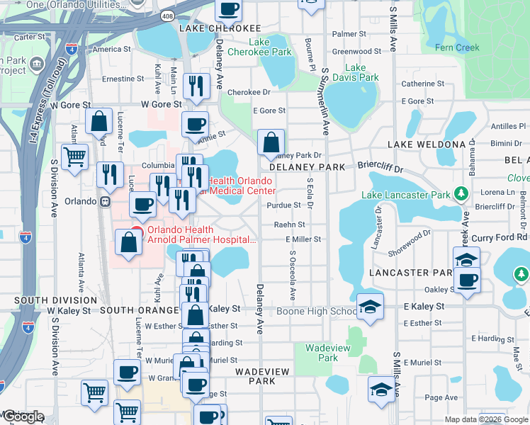map of restaurants, bars, coffee shops, grocery stores, and more near 1415 Delaney Ave in Orlando
