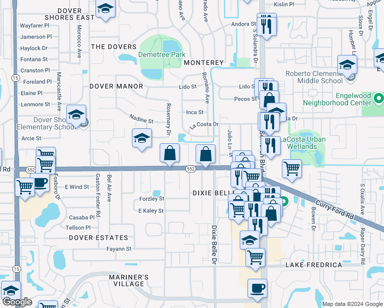 map of restaurants, bars, coffee shops, grocery stores, and more near 5401 Curry Ford Road in Orlando