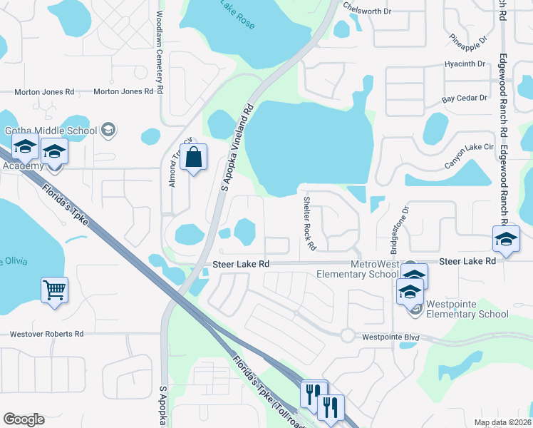 map of restaurants, bars, coffee shops, grocery stores, and more near 1161 Palm Cove Drive in Orlando