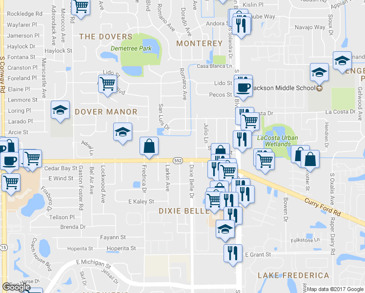 map of restaurants, bars, coffee shops, grocery stores, and more near 5465 Curry Ford Road in Orlando