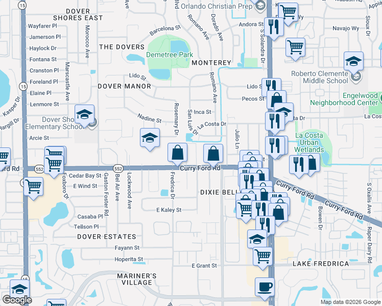 map of restaurants, bars, coffee shops, grocery stores, and more near 5401 Curry Ford Road in Orlando
