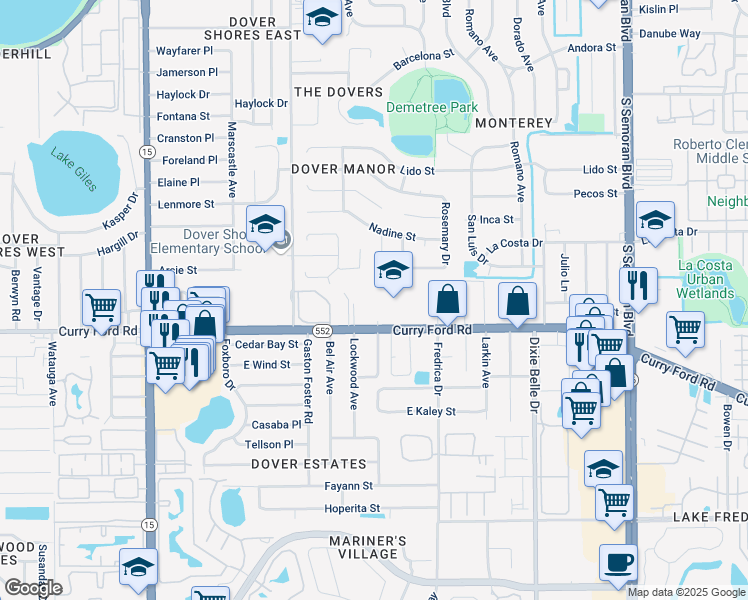 map of restaurants, bars, coffee shops, grocery stores, and more near 5201 Curry Ford Road in Orlando