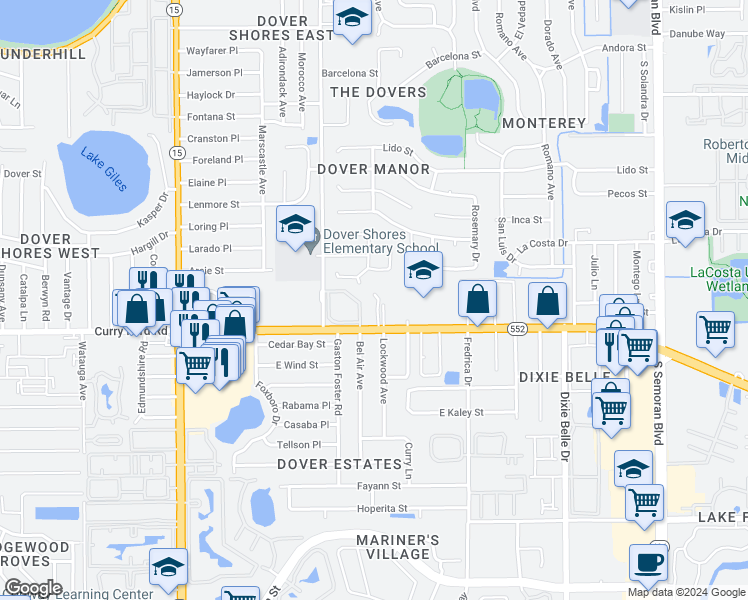 map of restaurants, bars, coffee shops, grocery stores, and more near 5101 Curry Ford Road in Orlando
