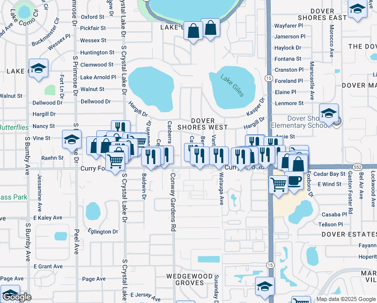 map of restaurants, bars, coffee shops, grocery stores, and more near 1327 Catalpa Lane in Orlando