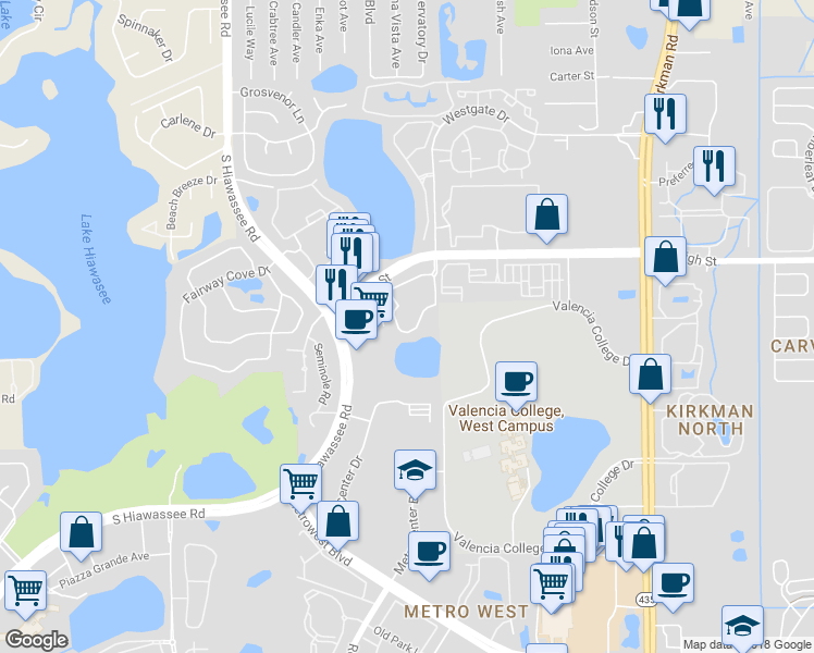 map of restaurants, bars, coffee shops, grocery stores, and more near 6388 Raleigh Street in Orlando