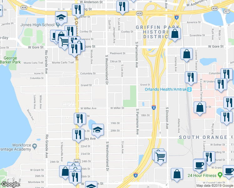 map of restaurants, bars, coffee shops, grocery stores, and more near 1401 Nieuport Lane in Orlando