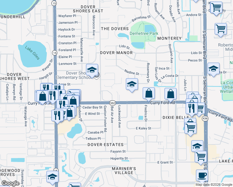 map of restaurants, bars, coffee shops, grocery stores, and more near 5101 Curry Ford Road in Orlando