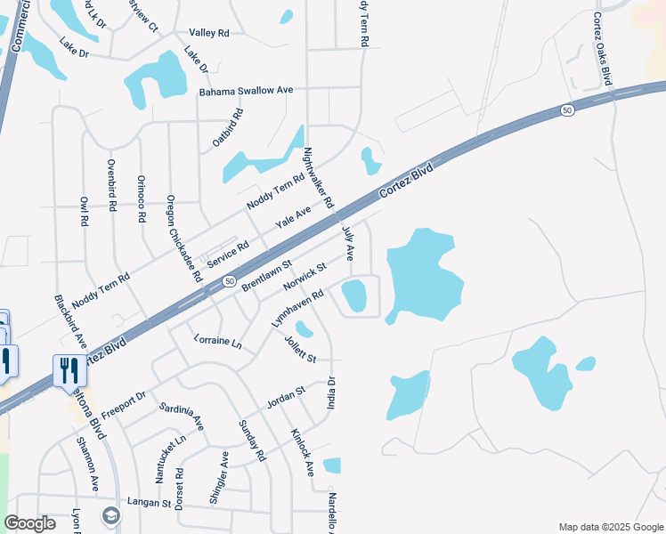 map of restaurants, bars, coffee shops, grocery stores, and more near 10288 Norwick Street in Spring Hill