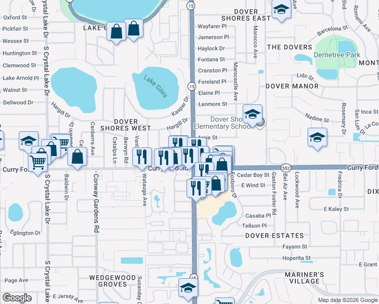 map of restaurants, bars, coffee shops, grocery stores, and more near 1400 South Conway Road in Orlando