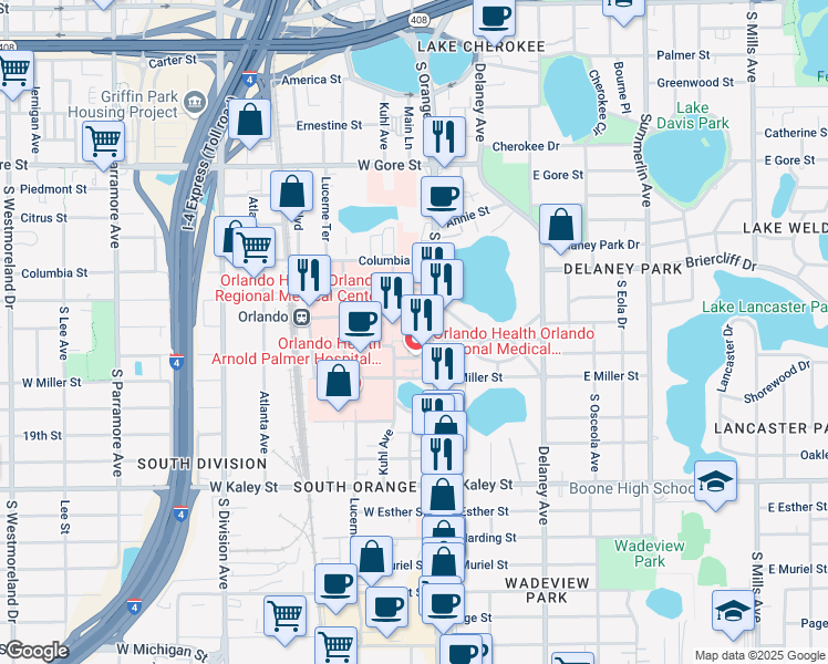 map of restaurants, bars, coffee shops, grocery stores, and more near 1434 Orange Avenue in Orlando