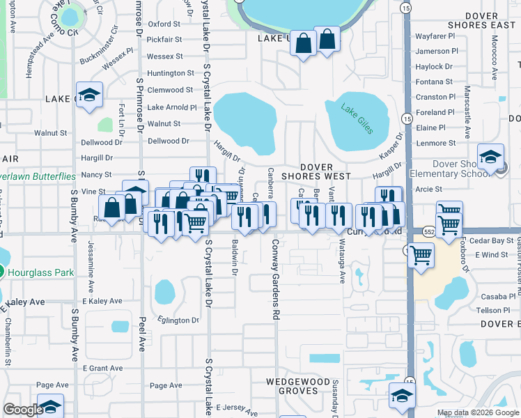 map of restaurants, bars, coffee shops, grocery stores, and more near 1329 Ceylon Drive in Orlando