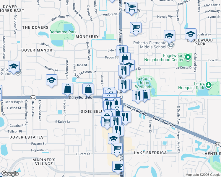 map of restaurants, bars, coffee shops, grocery stores, and more near 5601 Sanibel St in Orlando