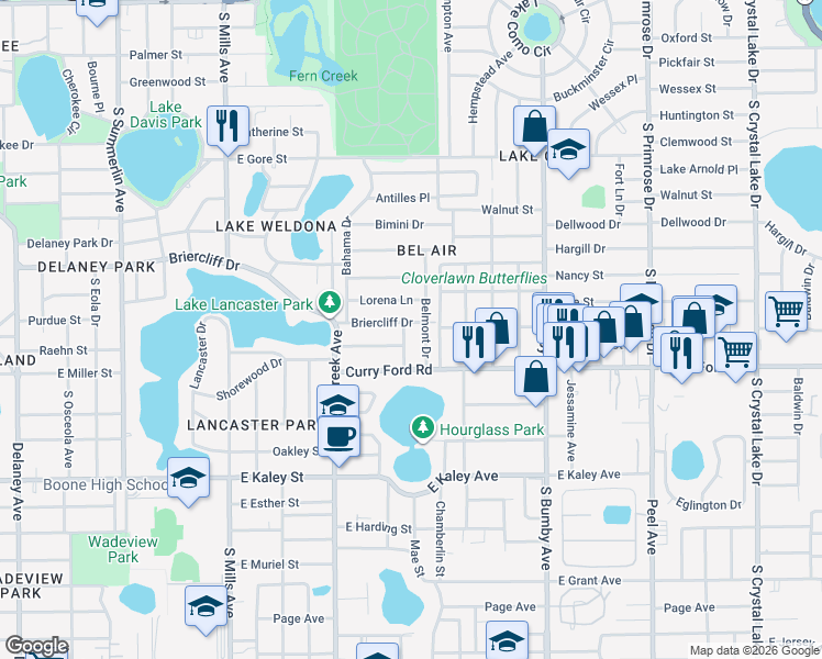 map of restaurants, bars, coffee shops, grocery stores, and more near 1405 Hazelwood Drive in Orlando