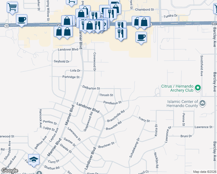 map of restaurants, bars, coffee shops, grocery stores, and more near 13179 Delbarton Street in Spring Hill
