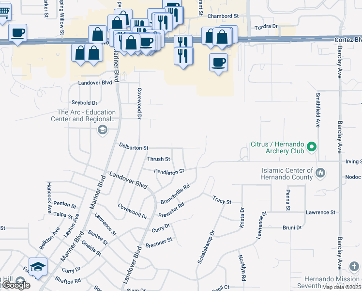 map of restaurants, bars, coffee shops, grocery stores, and more near 13229 Delbarton Street in Spring Hill
