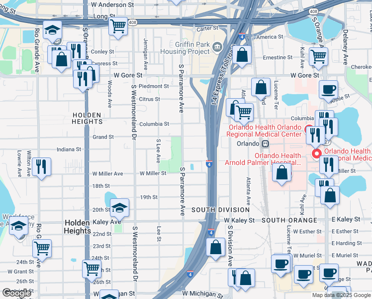 map of restaurants, bars, coffee shops, grocery stores, and more near 638 Indiana Street in Orlando