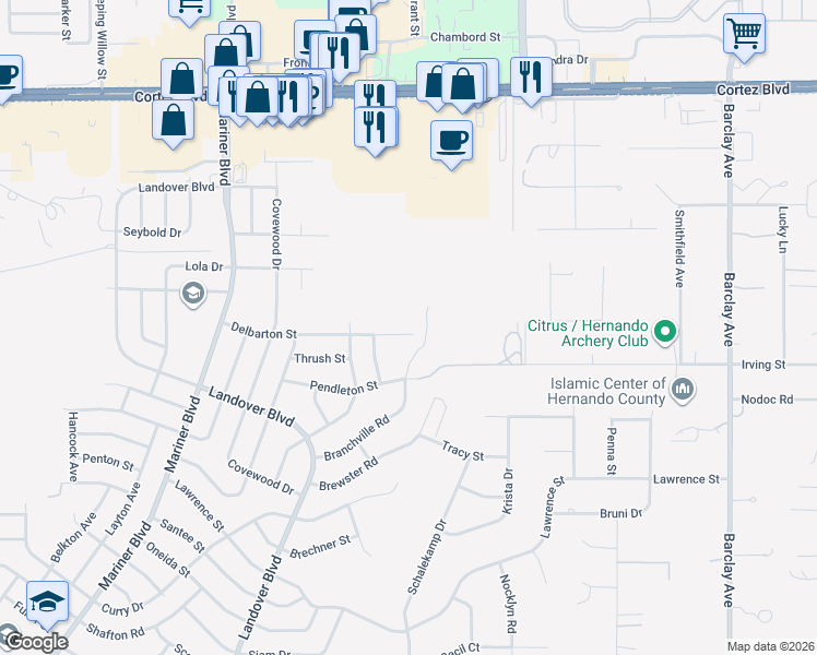map of restaurants, bars, coffee shops, grocery stores, and more near 13277 Delbarton Street in Spring Hill
