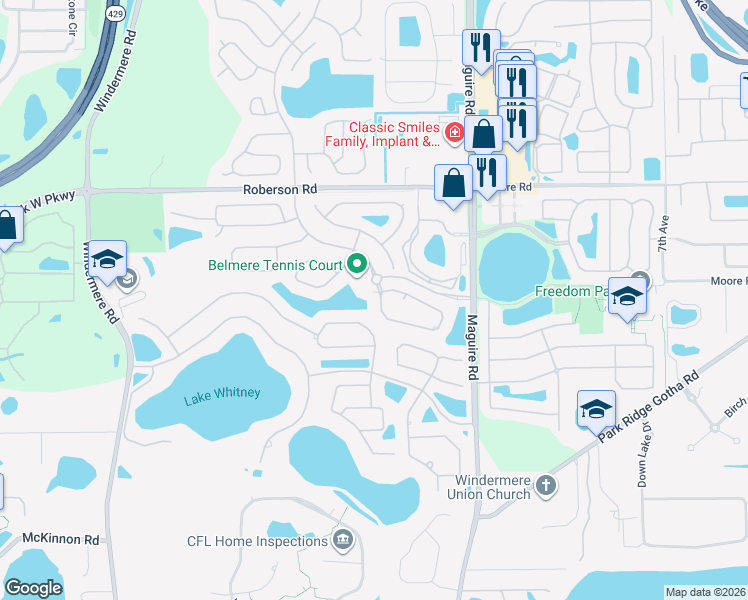 map of restaurants, bars, coffee shops, grocery stores, and more near 1324 Whitney Isles Drive in Windermere