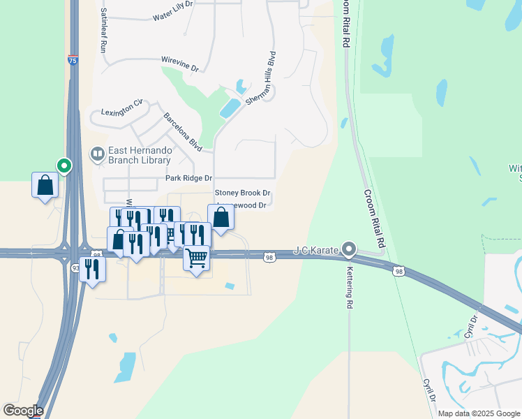 map of restaurants, bars, coffee shops, grocery stores, and more near 31260 Lancewood Drive in Brooksville