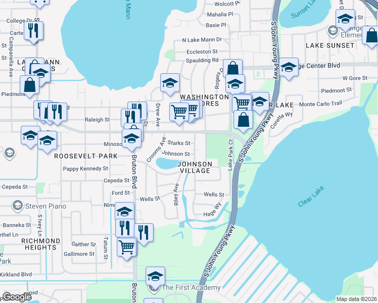 map of restaurants, bars, coffee shops, grocery stores, and more near 3611 Johnson Street in Orlando