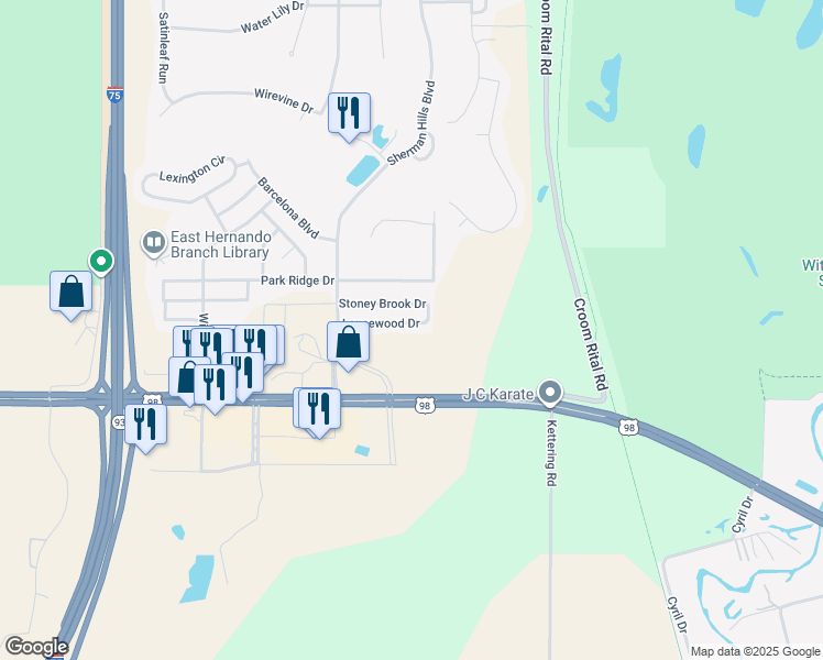 map of restaurants, bars, coffee shops, grocery stores, and more near 31260 Lancewood Drive in Brooksville