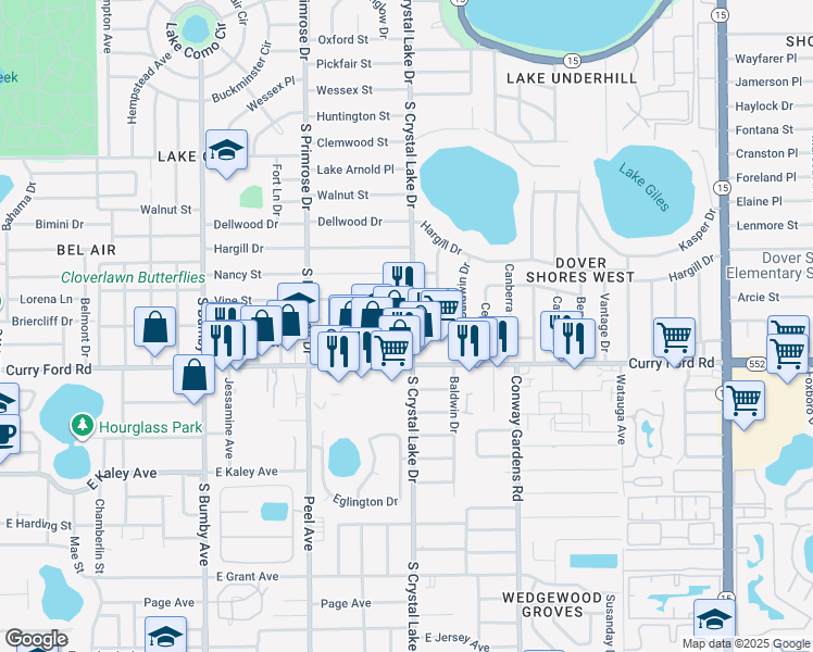 map of restaurants, bars, coffee shops, grocery stores, and more near 1400 South Crystal Lake Drive in Orlando