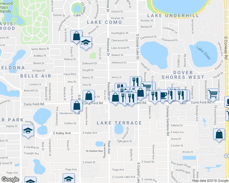 map of restaurants, bars, coffee shops, grocery stores, and more near 1413 Scott Avenue in Orlando