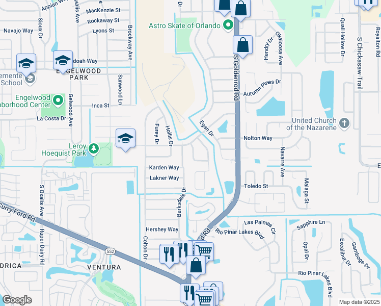 map of restaurants, bars, coffee shops, grocery stores, and more near 1814 Brando Drive in Orlando