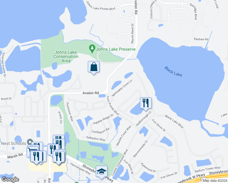 map of restaurants, bars, coffee shops, grocery stores, and more near 15145 Spinnaker Cove Lane in Winter Garden