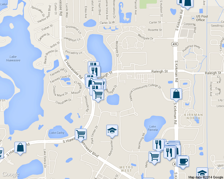 map of restaurants, bars, coffee shops, grocery stores, and more near 6388 Raleigh Street in Orlando