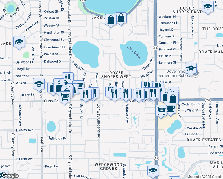 map of restaurants, bars, coffee shops, grocery stores, and more near 1327 Catalpa Lane in Orlando