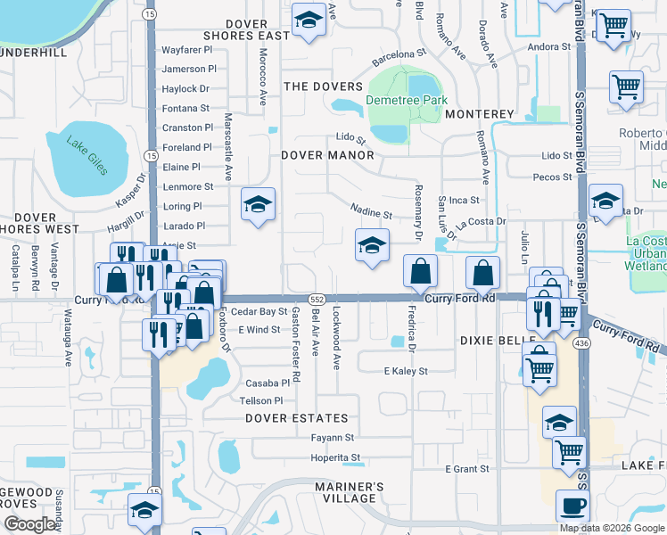 map of restaurants, bars, coffee shops, grocery stores, and more near 5101 Curry Ford Road in Orlando