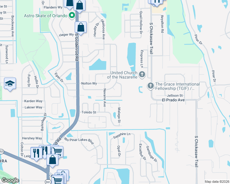 map of restaurants, bars, coffee shops, grocery stores, and more near 7732 Pax Court in Orlando
