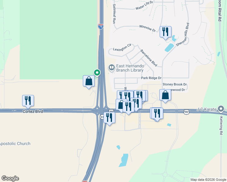 map of restaurants, bars, coffee shops, grocery stores, and more near 6359 Shadywood Lane in Brooksville