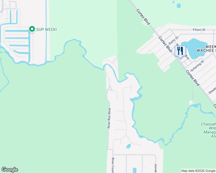 map of restaurants, bars, coffee shops, grocery stores, and more near 6573 River Run Boulevard in Weeki Wachee