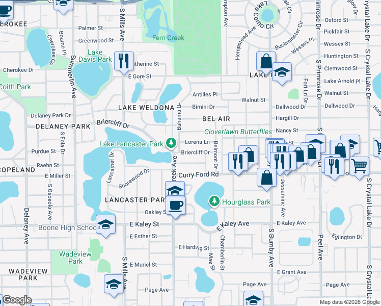 map of restaurants, bars, coffee shops, grocery stores, and more near 1700 Briercliff Dr in Orlando