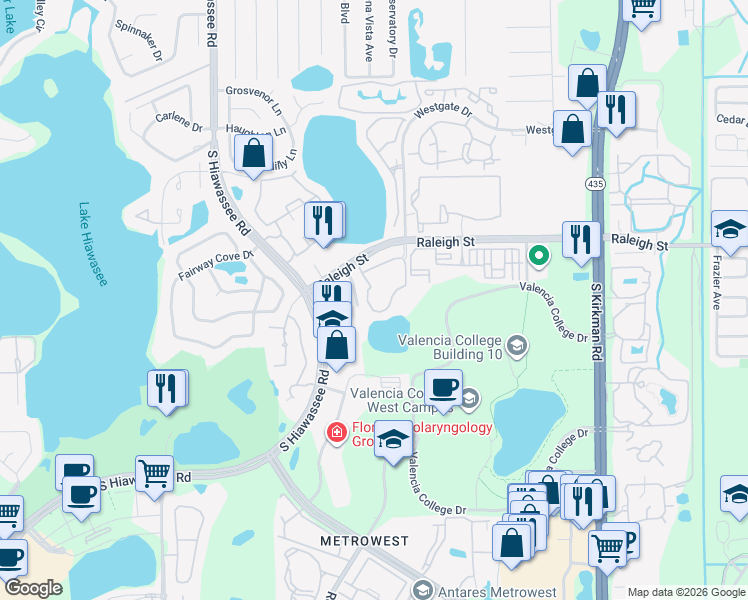 map of restaurants, bars, coffee shops, grocery stores, and more near 6360 Raleigh Street in Orlando
