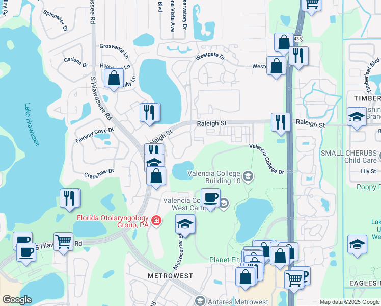 map of restaurants, bars, coffee shops, grocery stores, and more near 6388 Raleigh Street in Orlando