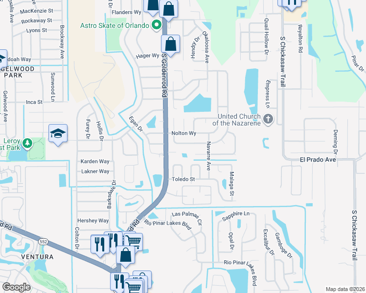 map of restaurants, bars, coffee shops, grocery stores, and more near 7616 Boreas Drive in Orlando