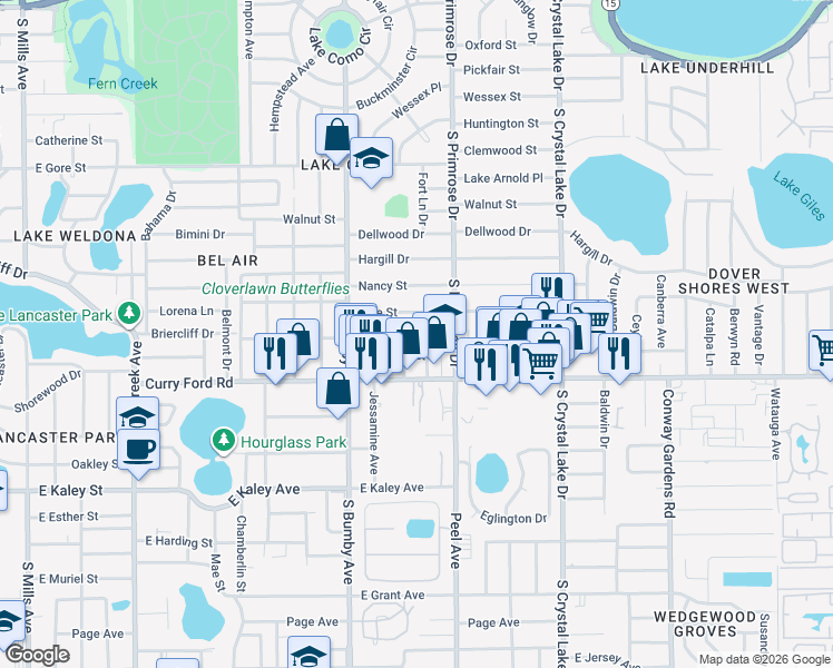 map of restaurants, bars, coffee shops, grocery stores, and more near 1411 Clark Street in Orlando
