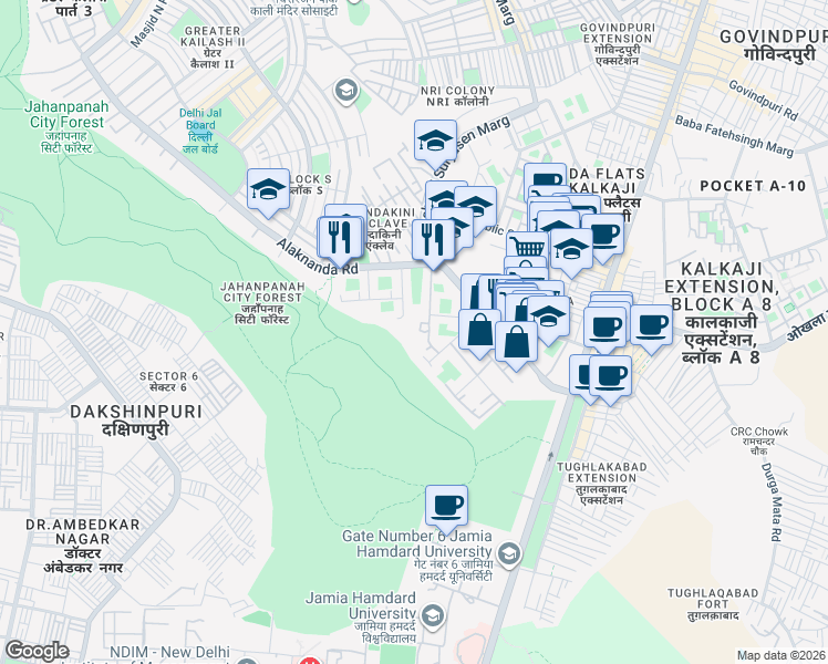 map of restaurants, bars, coffee shops, grocery stores, and more near Alaknanda Don Bosco Road in New Delhi