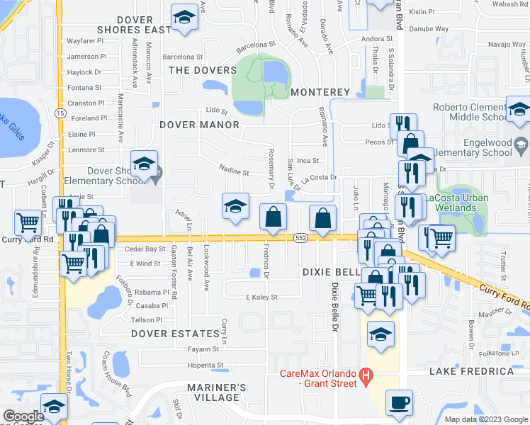 map of restaurants, bars, coffee shops, grocery stores, and more near 5241 Curry Ford Road in Orlando