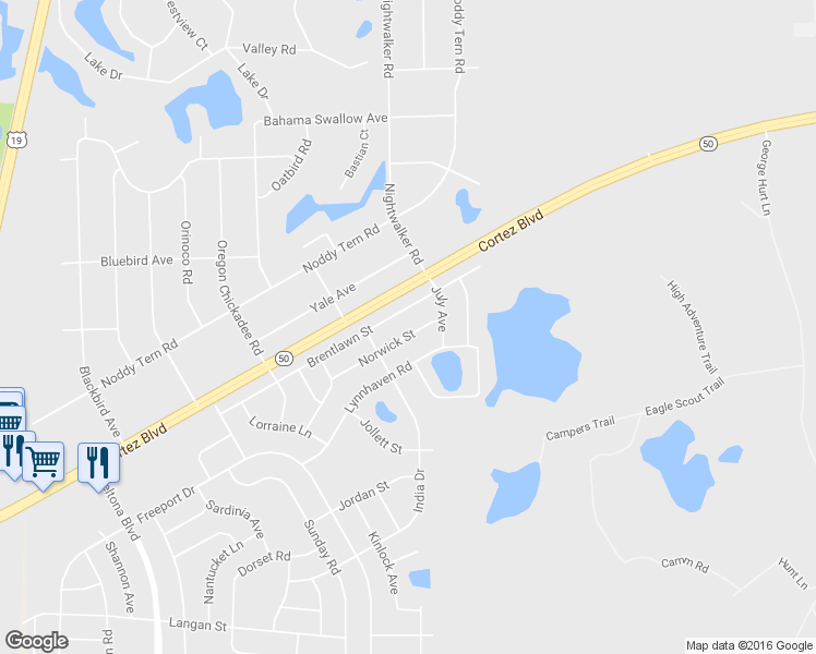 map of restaurants, bars, coffee shops, grocery stores, and more near 10279 Norwick Street in Spring Hill