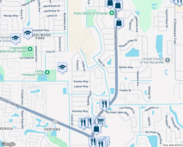 map of restaurants, bars, coffee shops, grocery stores, and more near 1814 Brando Drive in Orlando