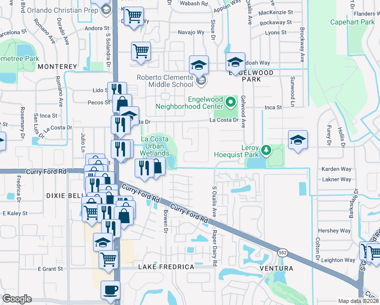 map of restaurants, bars, coffee shops, grocery stores, and more near 1525 Candlewyck Drive in Orlando