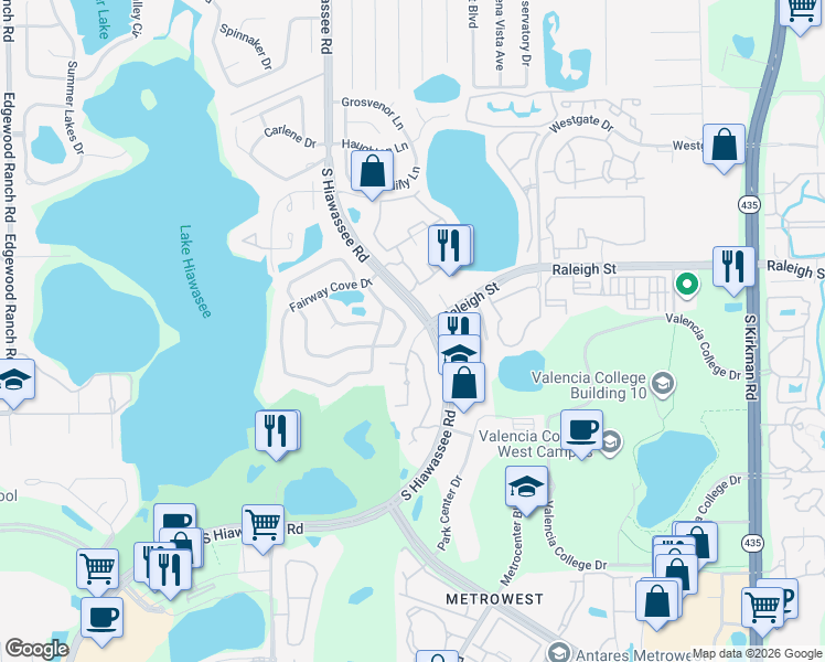 map of restaurants, bars, coffee shops, grocery stores, and more near 1117 Mission Ridge Court in Orlando