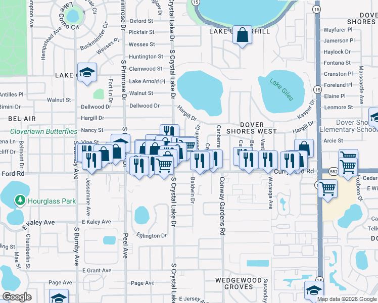 map of restaurants, bars, coffee shops, grocery stores, and more near 1325 Newcastle Drive in Orlando