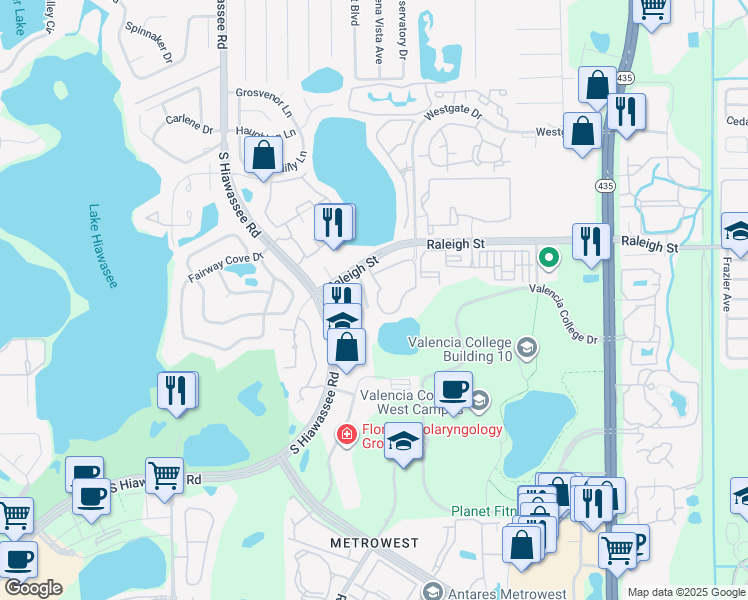 map of restaurants, bars, coffee shops, grocery stores, and more near 6360 Raleigh Street in Orlando