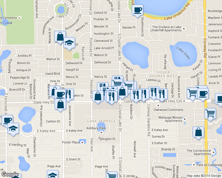 map of restaurants, bars, coffee shops, grocery stores, and more near 1500 Morristown Avenue in Orlando